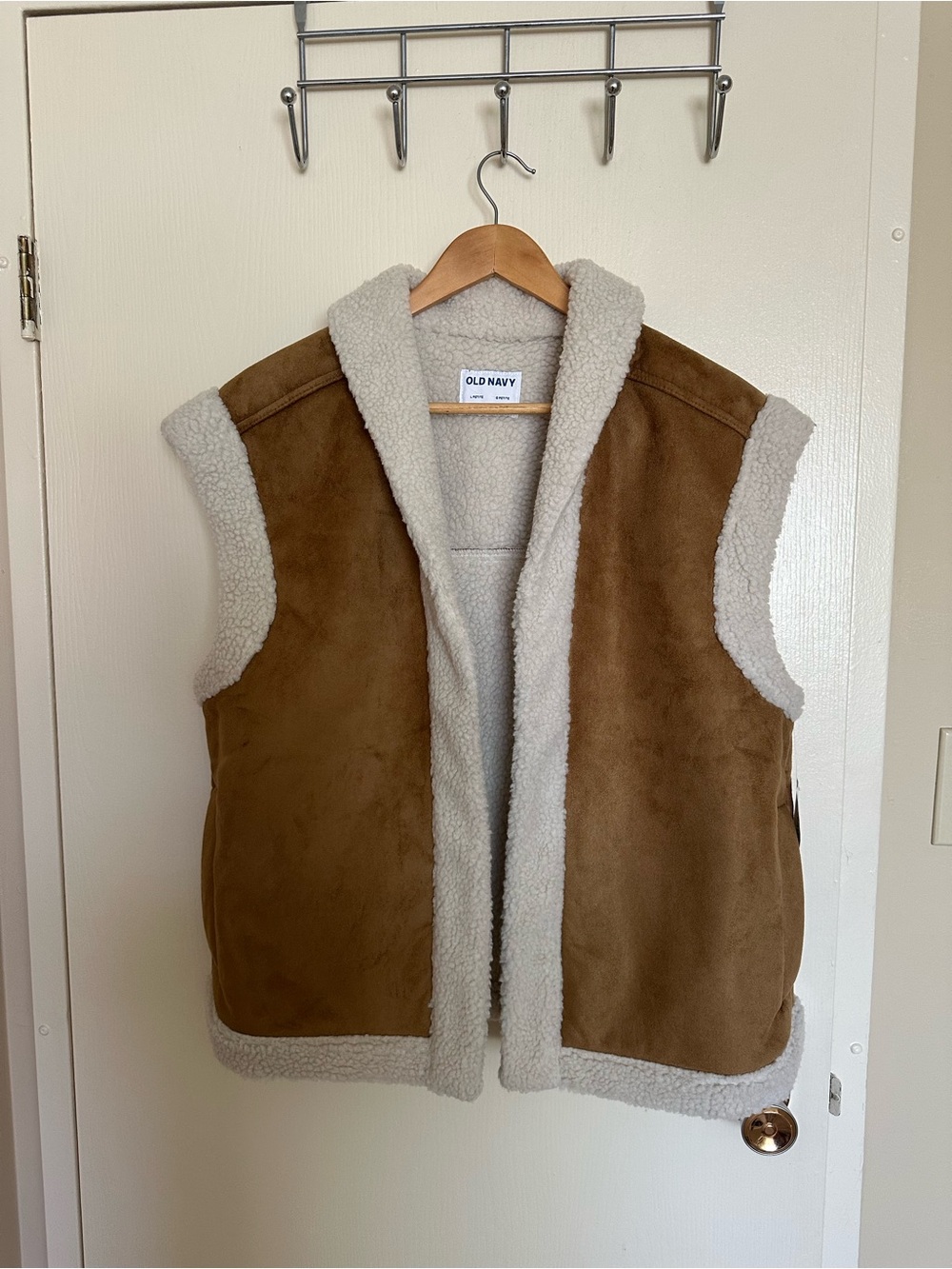 Old Navy Camel Suede-Look Sherpa Vest with Ivory Trim
